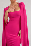 Flawless Hot Pink Square Neck Midi Dress With Cape Sleeves