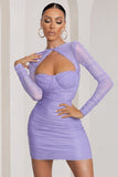 Daiquiri Lilac Cut Out Ruched Mesh Mini Dress With Long Sleeves