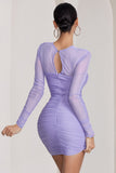 Daiquiri Lilac Cut Out Ruched Mesh Mini Dress With Long Sleeves