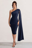 Yara Navy One Shoulder Cape Ruched Midi Dress