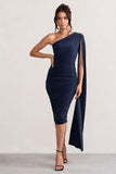 Yara Navy One Shoulder Cape Ruched Midi Dress