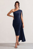 Yara Navy One Shoulder Cape Ruched Midi Dress