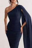 Yara Navy One Shoulder Cape Ruched Midi Dress