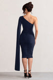 Yara Navy One Shoulder Cape Ruched Midi Dress