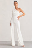 Mila White One Shoulder Ruched Wide Leg Jumpsuit