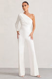 Mila White One Shoulder Ruched Wide Leg Jumpsuit