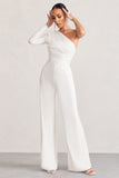 Mila White One Shoulder Ruched Wide Leg Jumpsuit