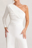 Mila White One Shoulder Ruched Wide Leg Jumpsuit