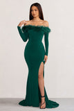 Lucilu Bottle Green Feather Bardot Long Sleeve Maxi Dress with Side Split