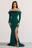 Lucilu Bottle Green Feather Bardot Long Sleeve Maxi Dress with Side Split