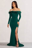Lucilu Bottle Green Feather Bardot Long Sleeve Maxi Dress with Side Split