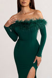 Lucilu Bottle Green Feather Bardot Long Sleeve Maxi Dress with Side Split