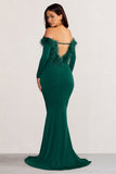 Lucilu Bottle Green Feather Bardot Long Sleeve Maxi Dress with Side Split