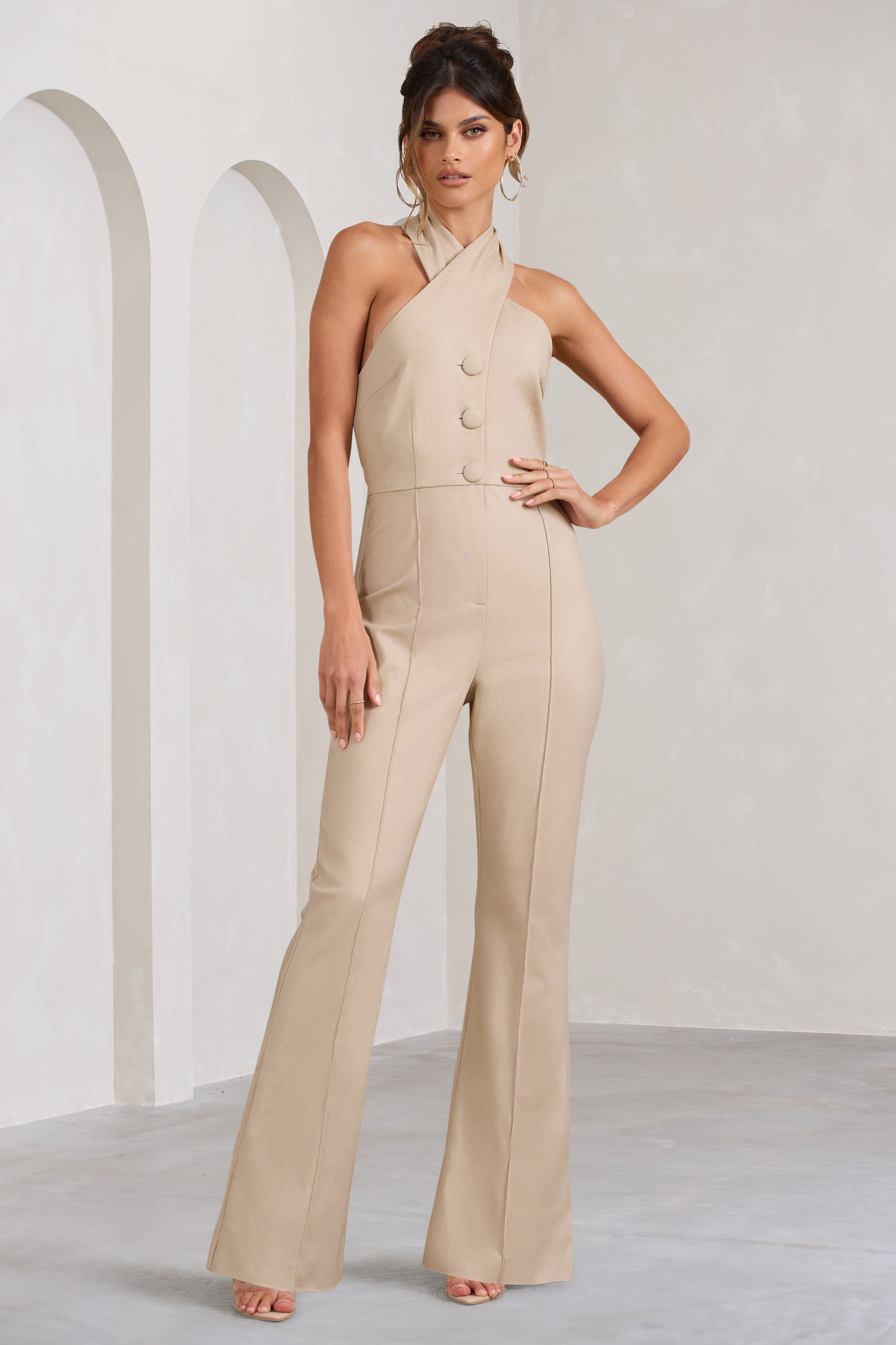 Don't Cross Me Stone Halter Neck Tailored Buttoned Sleeveless Jumpsuit
