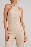 Don't Cross Me Stone Halter Neck Tailored Buttoned Sleeveless Jumpsuit