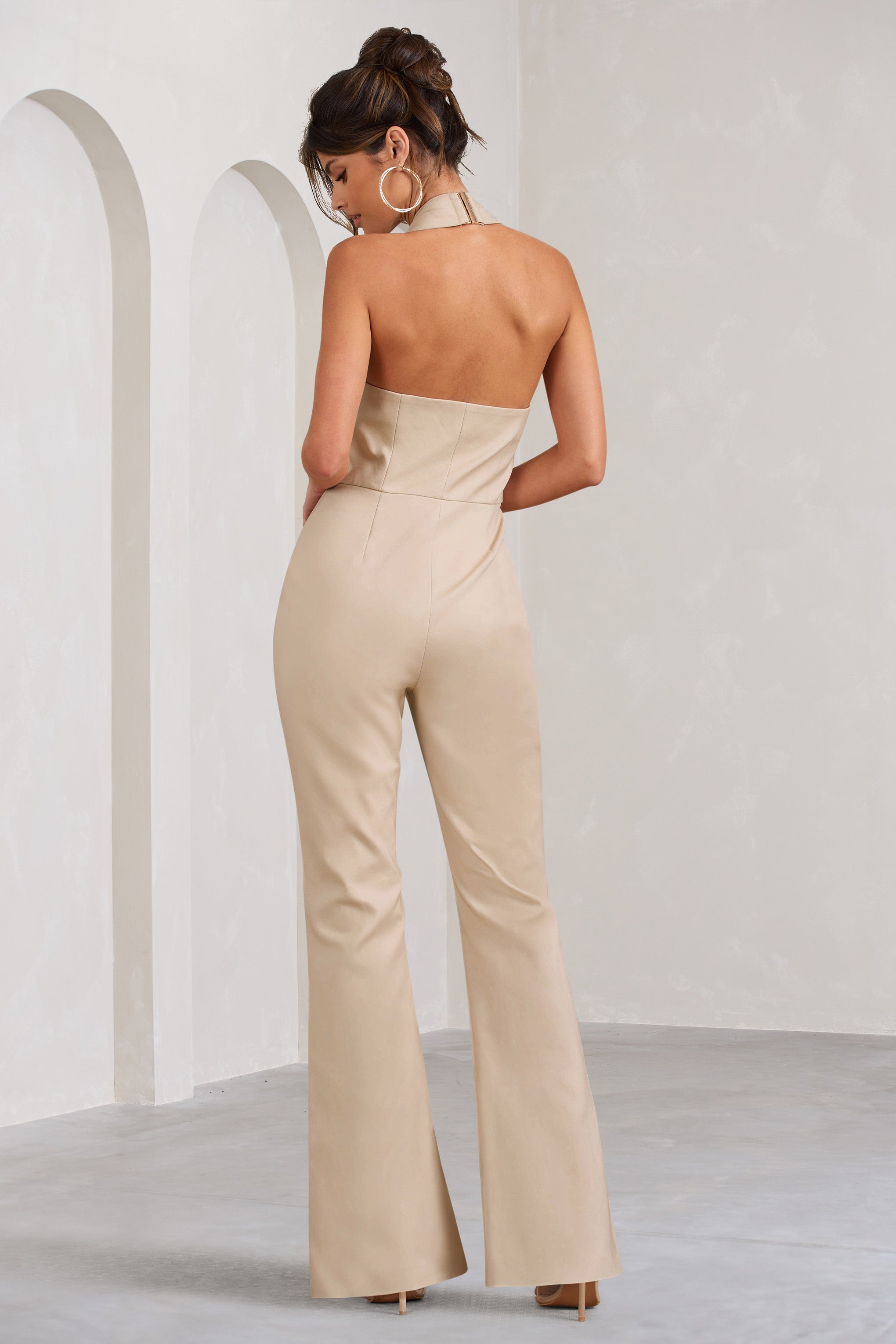 Don't Cross Me Stone Halter Neck Tailored Buttoned Sleeveless Jumpsuit
