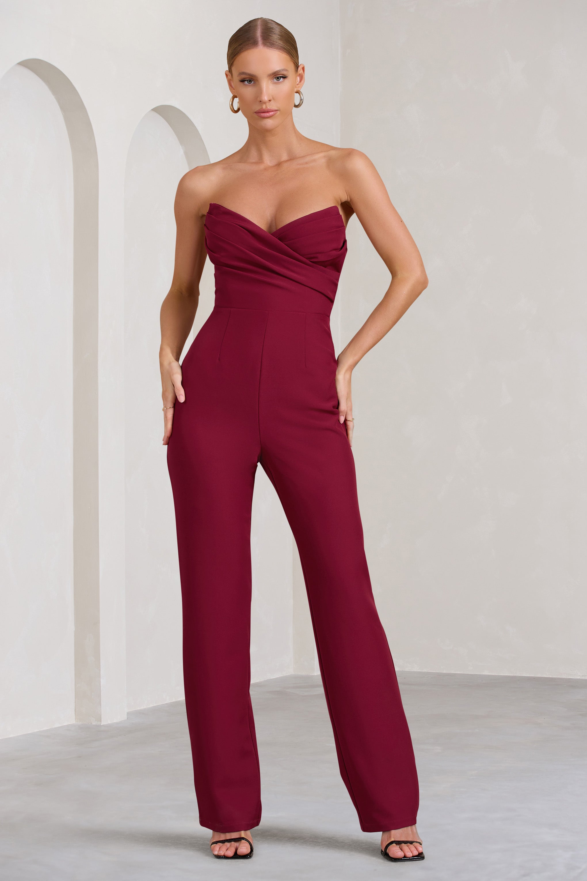 Bellezza Burgundy Bandeau Corset Wide Leg Jumpsuit
