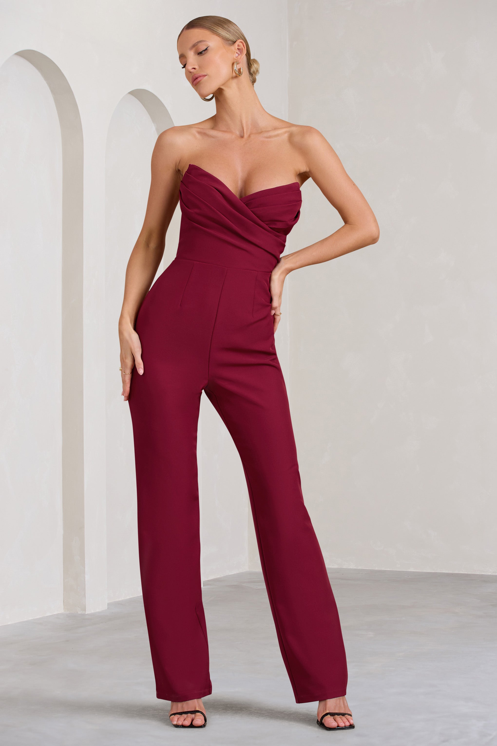 Bellezza Burgundy Bandeau Corset Wide Leg Jumpsuit