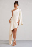 Hanna Cream One Shoulder Asymmetric Draped Satin Mini Dress