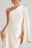Hanna Cream One Shoulder Asymmetric Draped Satin Mini Dress