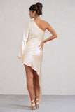 Hanna Cream One Shoulder Asymmetric Draped Satin Mini Dress