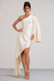 Hanna Cream One Shoulder Asymmetric Draped Satin Mini Dress