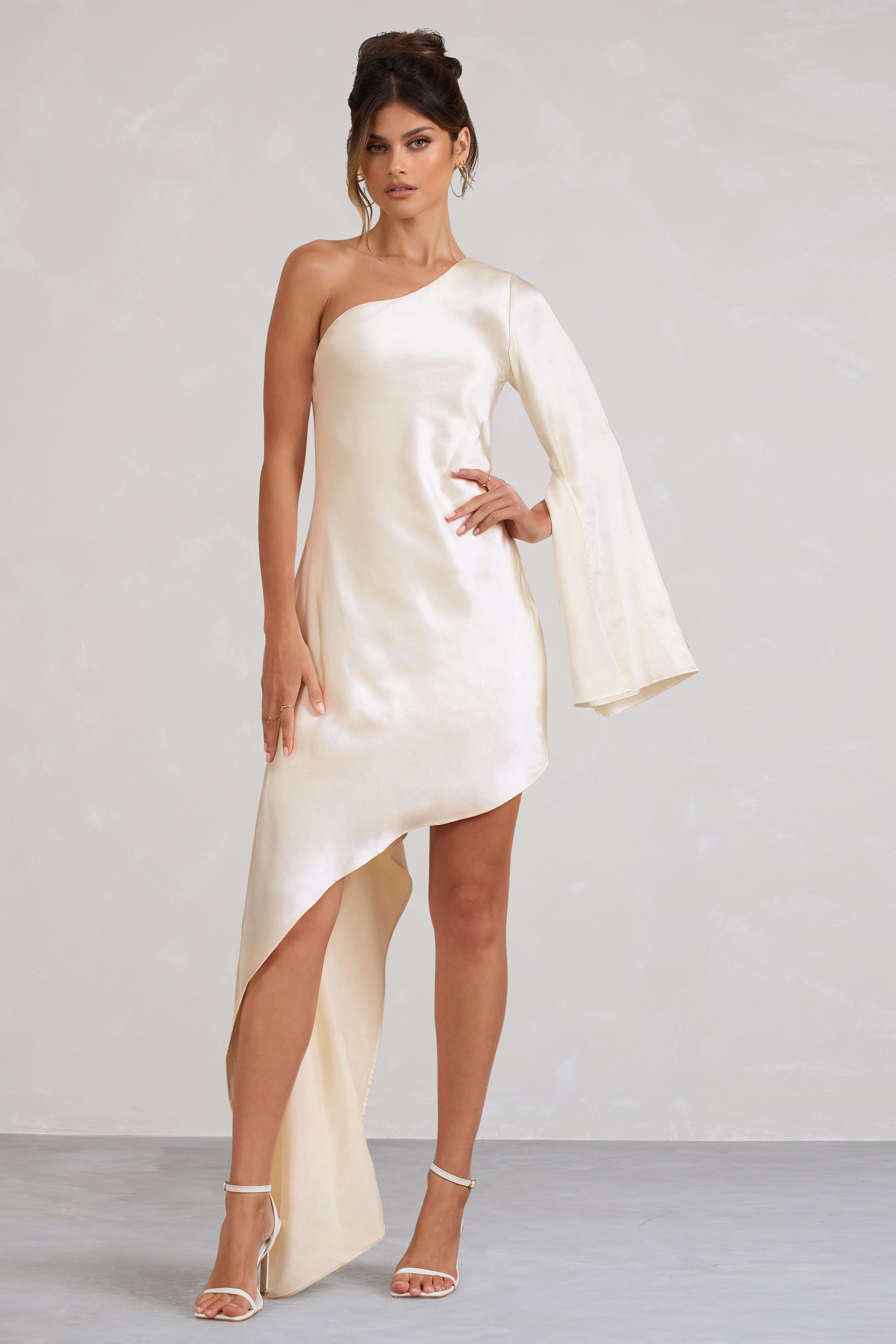 Hanna Cream One Shoulder Asymmetric Draped Satin Mini Dress