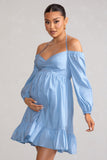 Kyra Powder Blue Babydoll Maternity Mini Dress with Long Cold Shoulder Puff Sleeves