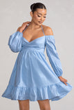 Kyra Powder Blue Babydoll Maternity Mini Dress with Long Cold Shoulder Puff Sleeves