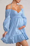 Kyra Powder Blue Babydoll Maternity Mini Dress with Long Cold Shoulder Puff Sleeves