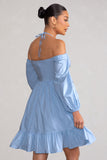 Kyra Powder Blue Babydoll Maternity Mini Dress with Long Cold Shoulder Puff Sleeves
