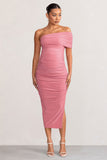 Odelia Blush Maternity Midi Dress with Asymmetric Sleeve and Side Split