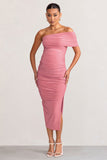 Odelia Blush Maternity Midi Dress with Asymmetric Sleeve and Side Split