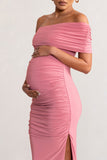 Odelia Blush Maternity Midi Dress with Asymmetric Sleeve and Side Split