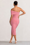 Odelia Blush Maternity Midi Dress with Asymmetric Sleeve and Side Split