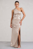 Sofie Gold One Shoulder Maxi Dress with Thigh Split