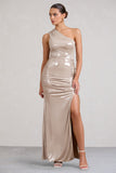 Sofie Gold One Shoulder Maxi Dress with Thigh Split