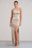 Sofie Gold One Shoulder Maxi Dress with Thigh Split