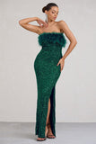 Old Money Bottle Green Bodycon Sequin Maxi Dress With Feather Trim