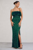 Old Money Bottle Green Bodycon Sequin Maxi Dress With Feather Trim