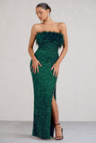 Old Money Bottle Green Bodycon Sequin Maxi Dress With Feather Trim