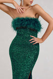 Old Money Bottle Green Bodycon Sequin Maxi Dress With Feather Trim