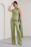 Cascada Olive Green Satin Wide Leg Jumpsuit With Statement Scarf Neck