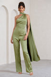 Cascada Olive Green Satin Wide Leg Jumpsuit With Statement Scarf Neck