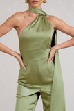 Cascada Olive Green Satin Wide Leg Jumpsuit With Statement Scarf Neck