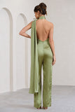 Cascada Olive Green Satin Wide Leg Jumpsuit With Statement Scarf Neck