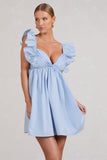 Let's Laze Blue Poplin Smocked Mini Dress With Frilled Straps