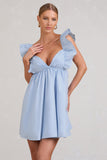 Let's Laze Blue Poplin Smocked Mini Dress With Frilled Straps