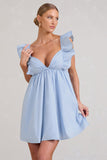 Let's Laze Blue Poplin Smocked Mini Dress With Frilled Straps