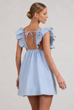 Let's Laze Blue Poplin Smocked Mini Dress With Frilled Straps